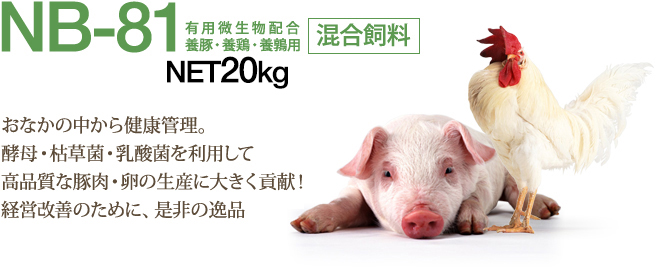 『NB-81』【養豚・養鶏・養鶉】有用微生物配合混合飼料 おなかの中から健康管理。酵母・枯草菌・乳酸菌を利用して高品質な豚肉・卵の生産に大きく貢献！